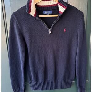 Polo Ralph Lauren Boys Half Zip Sweater M (8-10) Navy Red Rugby Collar Cotton